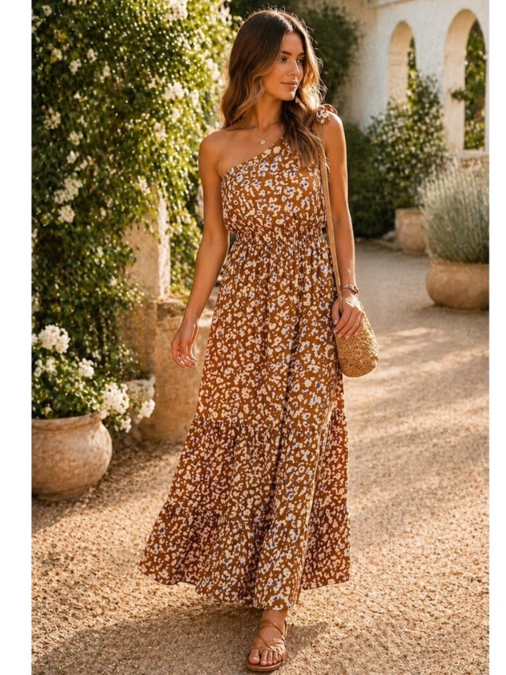 NWT PrettyGarden Tiered Abstract Print One Shoulder Maxi Dress Size L